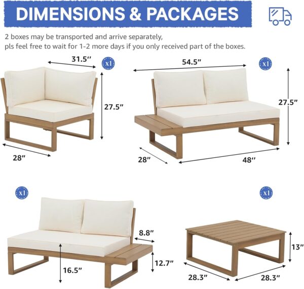 Soleil Jardin 4 Piece Acacia Wood Patio Furniture L-Shaped Outdoor Sectional Sofa Set with Coffee Table, FSC Certified Conversation Set with Built-in Side Table and Cream White Cushions for Garden - Image 3
