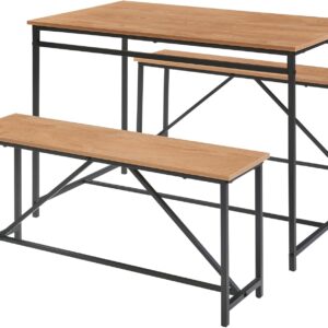 Panana 3 Piece Dining Room Table Set 43 Inch Kitchen Table with Two Benches Breakfast Table Top with Sew Kerf Finish Metal Frame Dining Room Home (Brown)