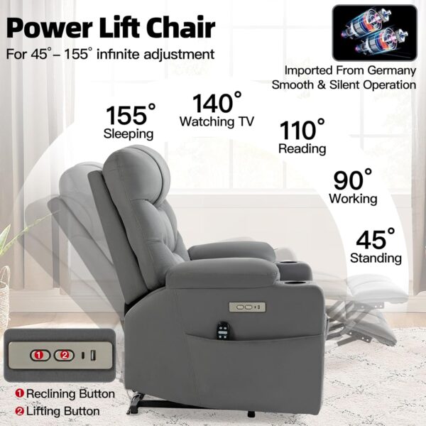 Lift Chairs Recliners for Elderly with Massage and Heating Function & Dust-Proof Mat, Power Lift Recliner Chair Sofa with USB and Type-C Ports, Extended Footrest, and 2 Cup Holders, Grey - Image 4