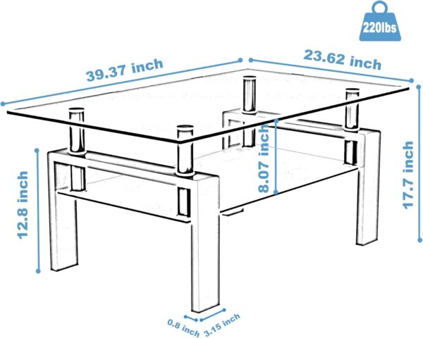 IANIYA Clear Glass Coffee Table Metal Tube (All-Black) - Image 2