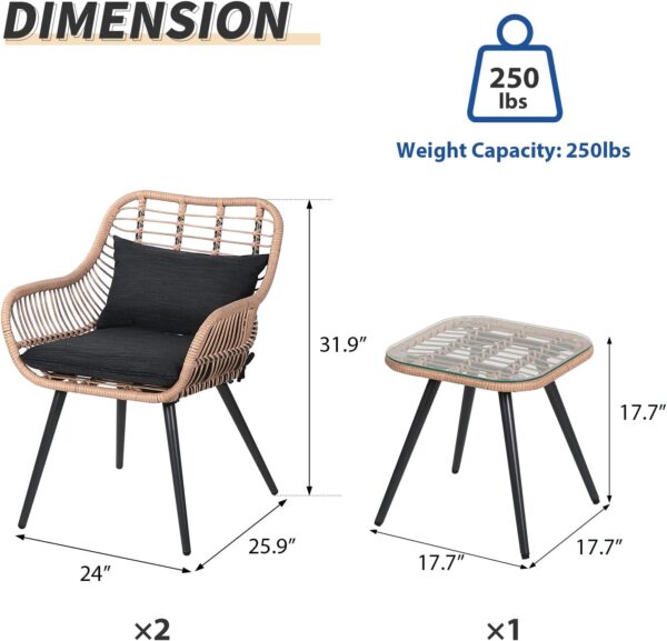 Verano Garden 3 Piece Patio Bistro Set, Outdoor Wicker Conversation Chair Sets Balcony Furniture,Coffee Table with Glass Top, Cushions & Lumbar Pillows for Porch, Backyard, Deck, Poolside - Image 5