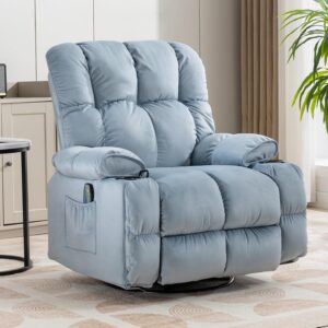 COMHOMA Recliner Chair, Swivel Rocker Recliner with Cup Holders, Heat and Massage, Fabric Recliners Sofa for Living Room (Blue)