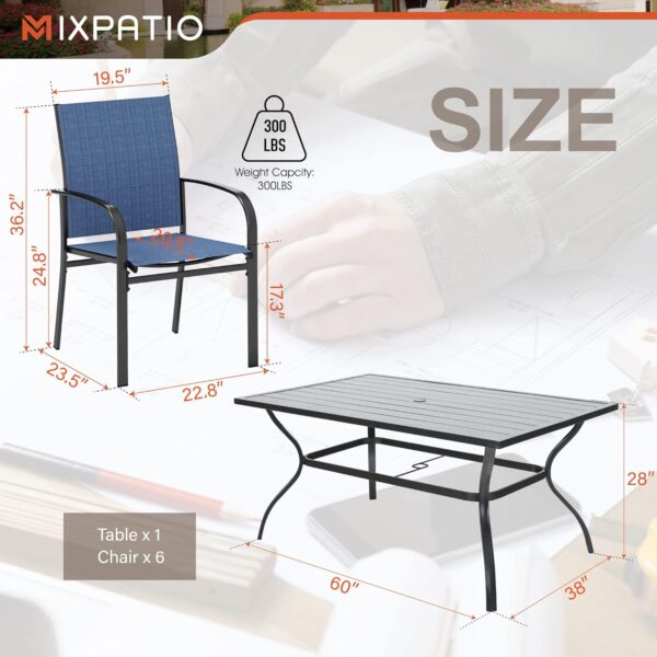 Outdoor Table and Chairs, Patio Dining Sets for 6 with Blue Chairs and Metal Rectangular Table for Deck Backyard Lawn Poolside - Image 6