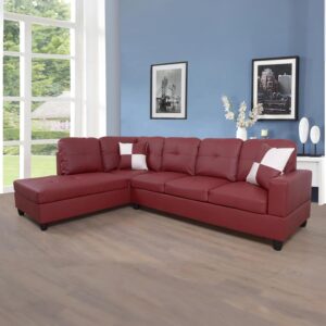 L-Shaped Sectional Sofa Set 5-Seat Luxurious Faux Leather Couches for Living Room, Left Facing Chaise with Pillows, Space-Saving Design, Red