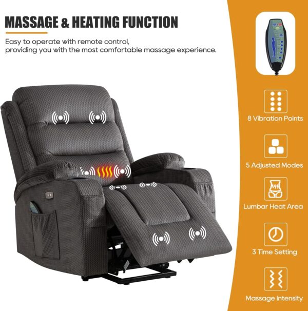 Lift Chair, Power Lift Recliner Chair for Elderly with Massage and Heat, Electric Power Lift Recliner Chair for Living Room with USB Port, 2 Cup Holders, 4 Pockets, Infinite Position - Image 4
