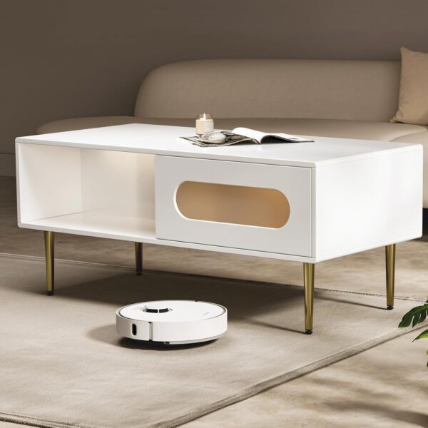 Coffee Table for Living Room 40.6inch LED Coffee Table Small White Coffee Table with Hidden Storage, High Glossy Modern Coffee Tables with Gold Metal Legs, Rounded Edges Home Accent Furniture - Image 6