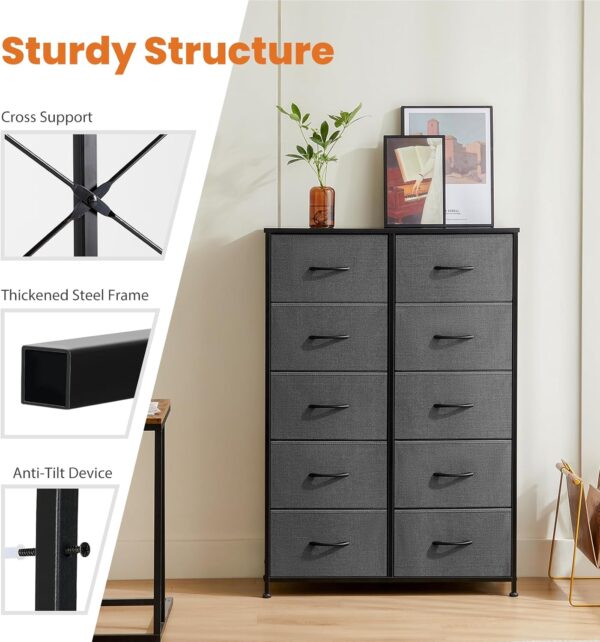 Sweetcrispy Dresser, Tall Dresser for Bedroom, Drawer Dresser Organizer Storage Drawers with 10 Drawers, Chest of Drawers with Fabric Bin, Steel Frame, Wood Top for Bedroom, Closet, Entryway - Image 7