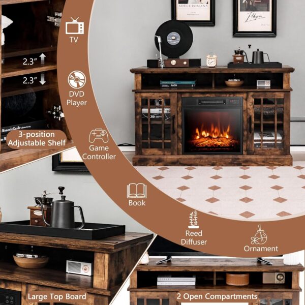 COSTWAY Electric Fireplace TV Stand for TVs Up to 55 Inches, 18-Inch Fireplace Insert with Remote, Overheat Protection, 48-Inch Wooden Media Entertainment Center with Adjustable Shelves, Brown - Image 7