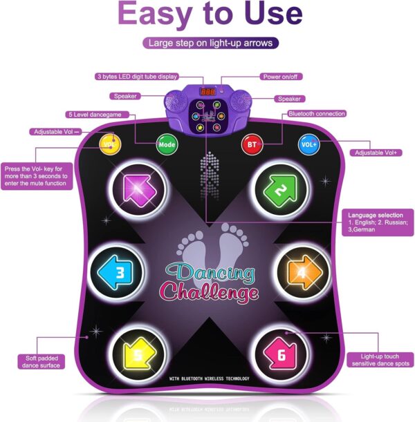 Dance Mat Toys for 3-12 Year Old Kids, Electronic Dance Pad with Light-up 6-Button Wireless Bluetooth, Music Dance with 5 Game Modes, Birthday Toys Gifts for 3 4 5 6 7 8 9 10+ Year Old Girls - Image 2