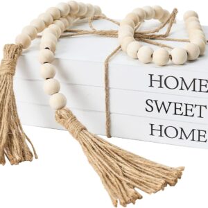 Decorative Books for Home Decor, White Faux Books for Decoration, Rustic Farmhouse Stacked Display Books with 52in Wood Bead Garland for Coffee Tables Living Room, (Home Sweet Home)