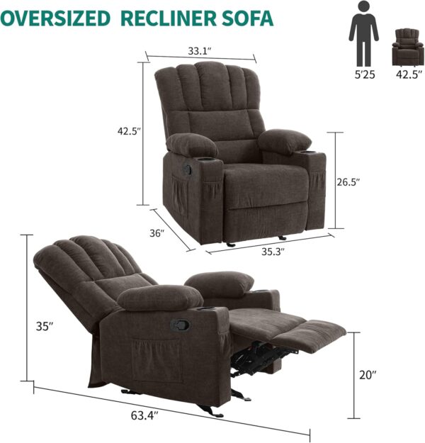 YITAHOME Glider Rocker Recliner Chair with Massage and Heat, Fabric Recliner Chair,Manual Rocking Recliner Chair with 2 Cup Holders, USB Charge Port and Side Pocket,Brown - Image 2