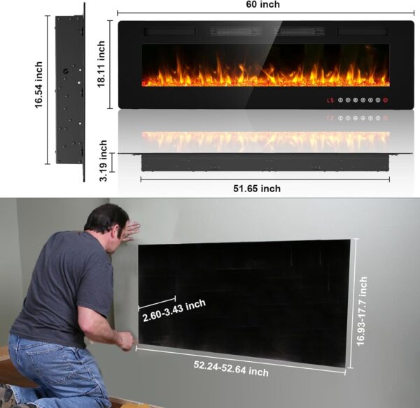 BREEZEHEAT 60 inch Electric Fireplace Wall Mounted/Freestanding-Ultra Thin Fireplace Inserts for Living Room with Heater, Remote Control, Touch Screen, Led Flame, 8H Timer, 750w/1500w - Image 6