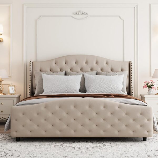 Queen Size Velvet Tufted Upholstered Platform Bed Frame with Raised Wing Back Headboard, Mattress Foundation and Wood Slat Support, No Box Spring Needed, Beige - Image 7