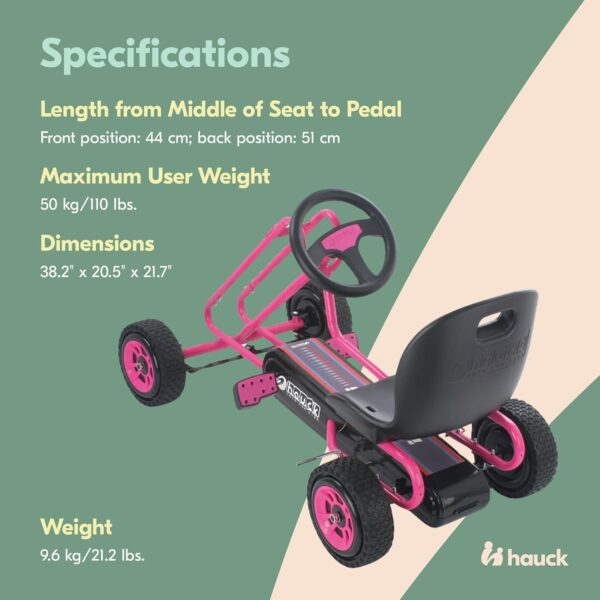 hauck Lightning Ride On Pedal Portable Go Kart Toy with Ergonomic Adjustable Bucket Seat, Handbrake, and Sharp Handling for Boys and Girls, Pink - Image 6