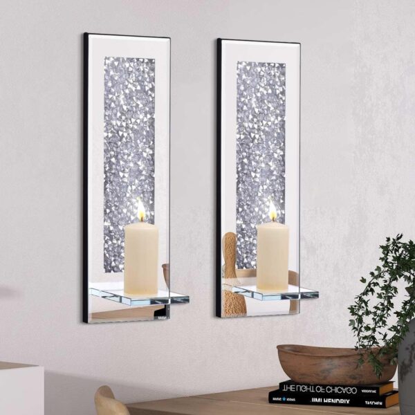 Pibeyer Crystal Crush Diamond Wall Candle Holder Set of 2, Rectangle Silver Mirrored Candle Sconces, Home Wall Decoration for Living Room,Dining Room & Bedroom - Image 5