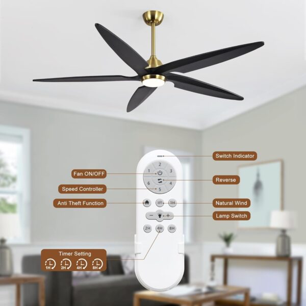 54 Inch Modern Ceiling Fan with Lights and Remote, 5 Wood Blades, 6-Speed Noiseless Reversible DC Motor with Replaceable Downrods for Bedroom Living Room Dining Room, Gold and Black. - Image 7
