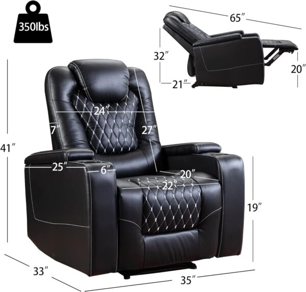 ANJ Power Recliner Chair with USB Ports and Cup Holders - Overstuffed Electric Home Theater Seating PU Leather Reclining Furniture with Hidden Arm Storage, Easy to Clean (Black) - Image 2
