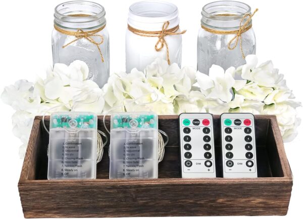 Fowecelt Mason Jar Lights Table Centerpiece Decoration for Dining Room Living Room Kitchen Table Decor Wood Tray with 3 Mason Jars Flowers Farmhouse Coffee Centerpieces Table Decor - Image 3