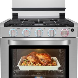 AMZCHEF 21 Inch RV Gas Range Stove 12V. Gas Range Oven for RV Use with 3 Burners, 1.77 Cu.Ft. Capacity Gas Oven, 28,100BTU, Open Flame Configuration, Knob work indicator, Heavy Duty Cast Iron Grates