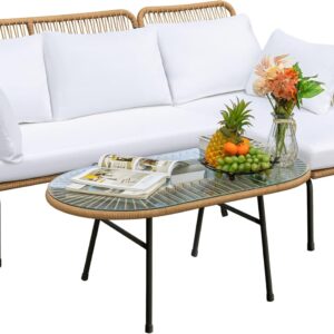 Devoko Outdoor Patio Furniture Set, Outdoor Sectional Conversation Rope Woven L-Shaped Sofa Set with Patio Table and Thick Cushions for Backyard Porch Balcony Garden, White