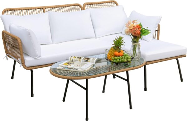 Devoko Outdoor Patio Furniture Set, Outdoor Sectional Conversation Rope Woven L-Shaped Sofa Set with Patio Table and Thick Cushions for Backyard Porch Balcony Garden, White