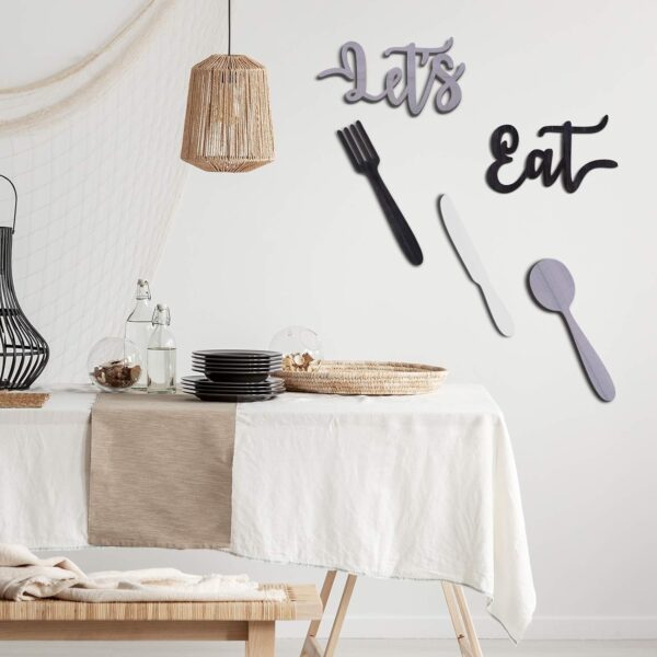 Yerliker 5 Pieces Let's Eat Sign, Wooden Fork Spoon Knife Sign Wall Decor, Rustic Cutout Eat Kitchen Decor for Home Dining Living Room Bar Cafe Restaurant (Black, White, Gray) - Image 4