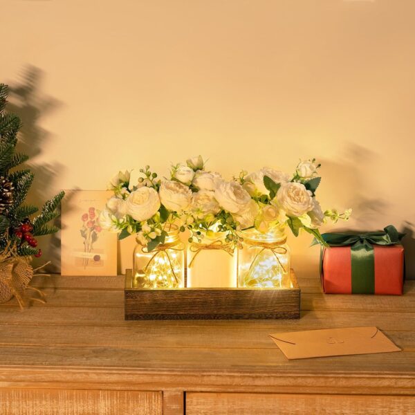Mkono Mason Jar Lights Centerpiece Table Decorations for Farmhouse Coffee Table Wood Tray 3 Jars Flowers for Kitchen Dining Living Room Summer Fall Decor - Image 2
