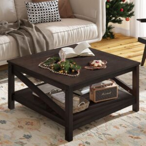 YITAHOME 2-tier Square Coffee Tables with Storage,Coffee Table for Living Room,Center Table Coffee Table for Home,Wood Living Room Table Industrial Small Farmhouse Cocktail Table, Espresso