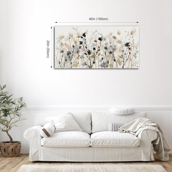 Abstract Floral Canvas Wall Art Grey Cream White Grass Flowers Canvas Pictures Modern Landscape Painting Botanic Artwork for Living Room Bedroom Kitchen Office Wall Decor Ready to Hang 20" x 40" - Image 2