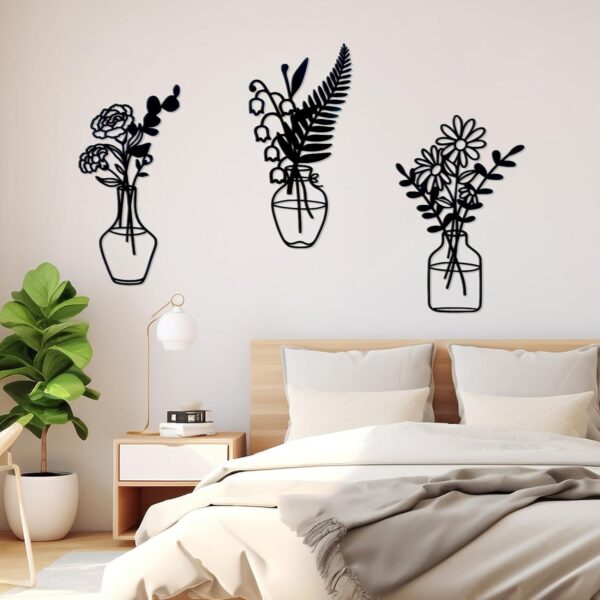 Zzbakress 3 Pcs Black Metal Flowers and Vases Wall Decoration Minimalist Art Wall Sculpture Lily of the valley, Daisy, Carnation Iron Decorative Floral for Living Room or Kitchen(Style 2, Black) - Image 6