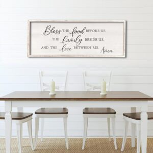 Bless the Food Before Us Wall Decor Sign 32" X 12" Home Dining Room Wall Decor Framed Wood for Large Farmhouse Vintage Country Kitchen Living Room Wall Hanging Art (White)