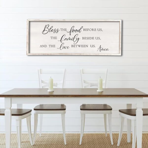 Bless the Food Before Us Wall Decor Sign 32" X 12" Home Dining Room Wall Decor Framed Wood for Large Farmhouse Vintage Country Kitchen Living Room Wall Hanging Art (White)
