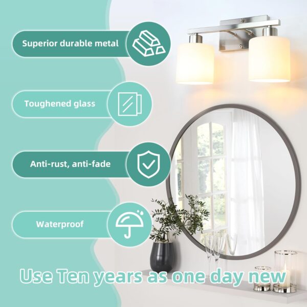 SILAMPDI Bathroom Lighting Fixtures Over Mirror Brushed Nickel, Modern 2-Light Vanity Lights Fixtures, Wall Sconces Light for Bedroom, Hallway, Milky White Glass Shades, E26 Base, Bulbs Not Included - Image 4