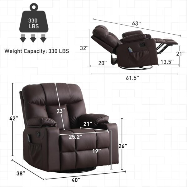 Bonzy Home Oversized Swivel Rocker Recliner, 40" Rocking Recliner Chair with Heated and Massage, PU Leather Single Sofa with Swivel Function, 2 Cup Holders for Living Room Bedroom, Brown - Image 2
