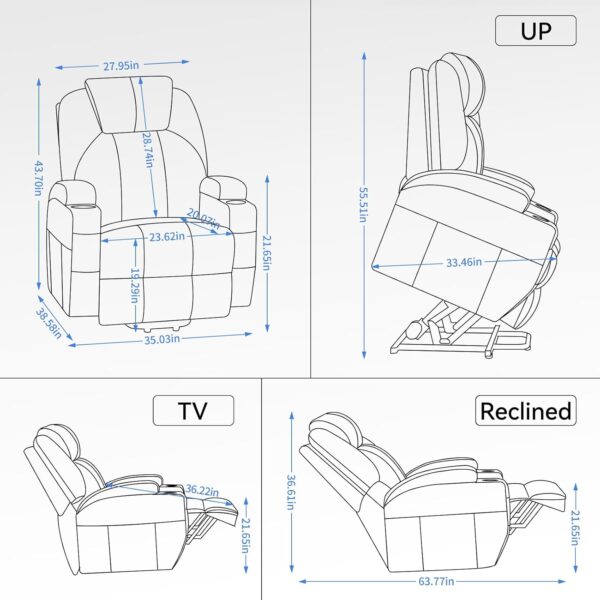 LUXLEN Power Lift Recliner Chair, Heavy Duty Motion Mechanism with 8-Point Vibration Massage and Lumbar Heating, Cup Holders, USB and Type-C Ports, Removable Cushions, Grey - Image 3