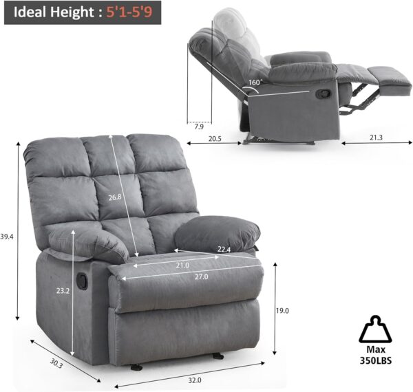 Rocker Recliner Chair for Adults, Overstuffed Large Manual Rocking Recliner, Upholstered Soft Fabric Living Room Reclining Sofa Chair(Gray) - Image 2