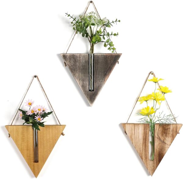 Hanging Planters for Indoor Plants, Propagation Station, Wall Vase, Wooden Hanging Wall Planter, Farmhouse Wall Decor for Kitchen (Triangles/Set of 3)