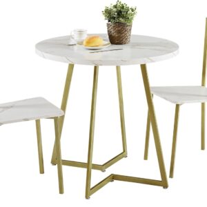 VECELO Small Round Dining Table Set for 2, Wood Tabletop with Strong Metal Frame, Modern Dinette with Chairs for Kitchen, Breakfast Nook Living Room, White and Gold