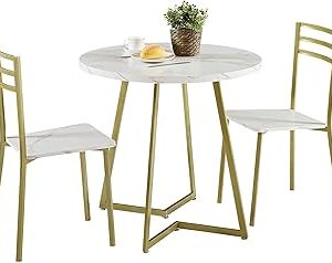 VECELO Small Round Dining Table Set for 2, Wood Tabletop with Strong Metal Frame, Modern Dinette with Chairs for Kitchen, Breakfast Nook Living Room, White and Gold