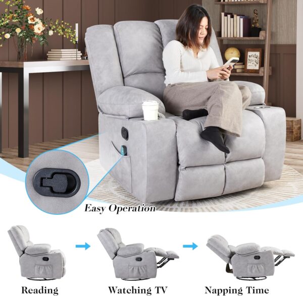 Jocisland Oversized Rocker Recliner Chair with Massage for Living Room, Overstuffed 360° Swivel Single Sofa with Detachable Cup Holders, Home Theater Seating, Light Grey - Image 4