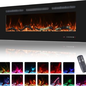 48inch Electric Fireplace in Wall Recessed and Wall Mounted Fireplace Electric, 13 Flame Colors, Realistic Logs &Crystals Fuel Bed, Adjustable Temperature and Timer, 750W/1500W, Black