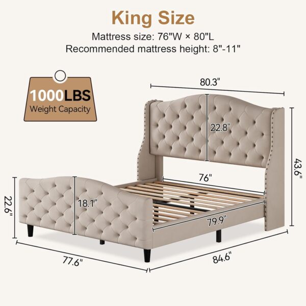 Queen Size Velvet Tufted Upholstered Platform Bed Frame with Raised Wing Back Headboard, Mattress Foundation and Wood Slat Support, No Box Spring Needed, Beige - Image 2