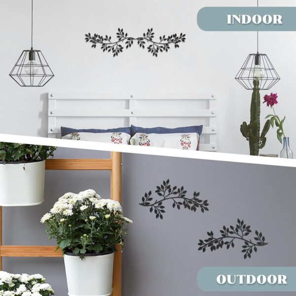 2 Pieces Metal Tree Leaf Wall Decor Vine Olive Branch Art Wrought Iron Scroll Sculptures Above The Bed, Living Room, Outdoor Decoration (Black) - Image 3