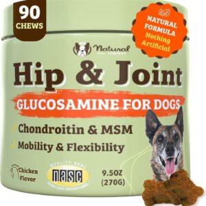 Natural Dog Company Hip & Joint Chews, Chicken Liver & Turmeric Flavor, with Glucosamine Chondroitin for Dogs, Maintains Bone and Joint Health, Supplements for Seniors and Puppies, 90 Count