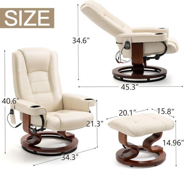 AVAWING Reclining Chair with Vibration Massage Faux Leather Recliner with Ottoman Swivel Wood Recliner Chairs for Living Room, Beige - Image 3