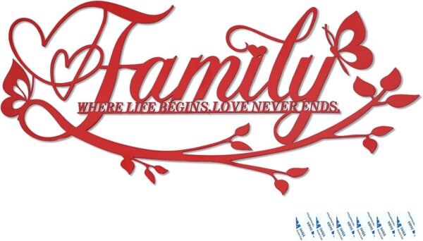 Family Where Life Begins Love Never Ends Word Sign Metal Wall Decor, Black Home Decor Wall Art Decorations, Letters Quotes Sign for Living Room Bedroom Kitchen Indoor Outdoor Decor(17.5", Red)