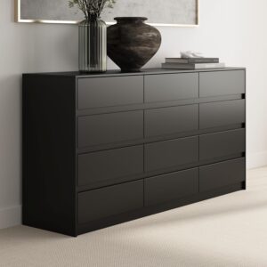 Dresser with 12 Handleless Drawers, 63" Large Chest of Drawers with Slide Rails, Modern Wooden Double Dresser for Bedroom Living Room, Black
