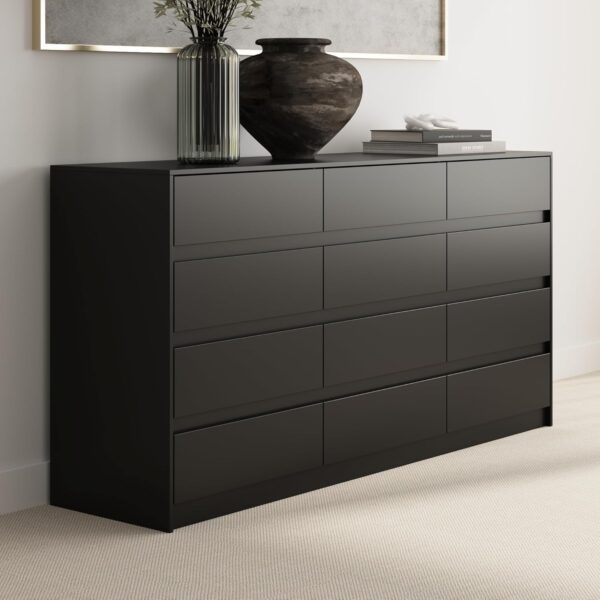 Dresser with 12 Handleless Drawers, 63" Large Chest of Drawers with Slide Rails, Modern Wooden Double Dresser for Bedroom Living Room, Black