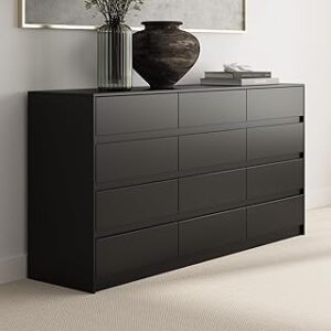 Dresser with 12 Handleless Drawers, 63" Large Chest of Drawers with Slide Rails, Modern Wooden Double Dresser for Bedroom Living Room, Black