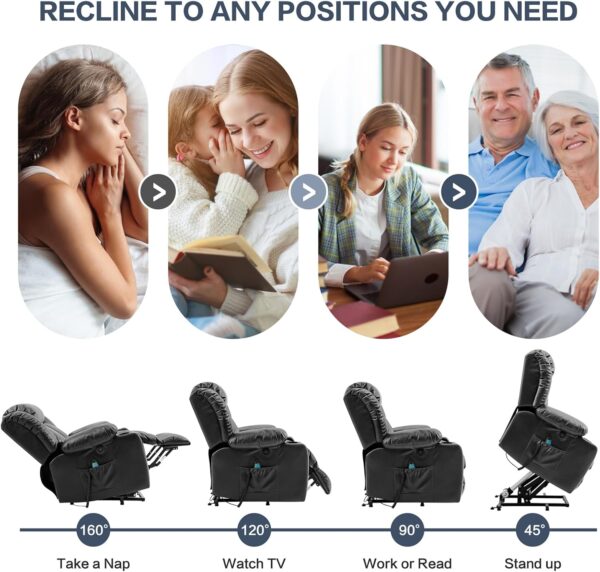 Power Lift Recliner Chair for Elderly, Electric Recliner Chairs for Adults with Massage and Heat, Remote Control, Cup Holders, USB Ports, Side Pockets, Leather (Black) - Image 3